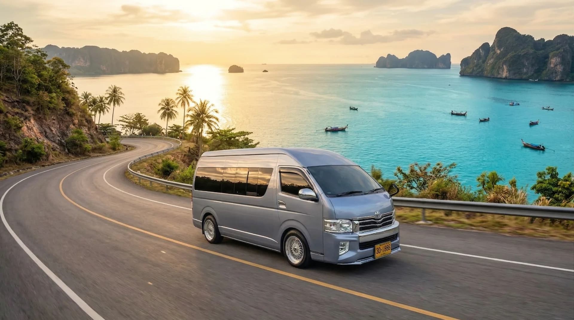 A silver van parked on a white sand beach with an open side door, featuring a picnic set, surfboards, and crystal clear turquoise water.